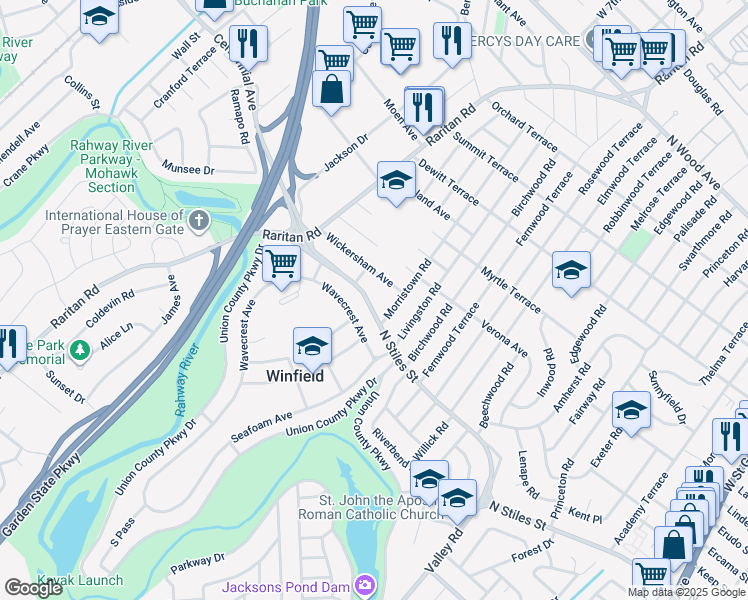 map of restaurants, bars, coffee shops, grocery stores, and more near 2720 North Stiles Street in Linden