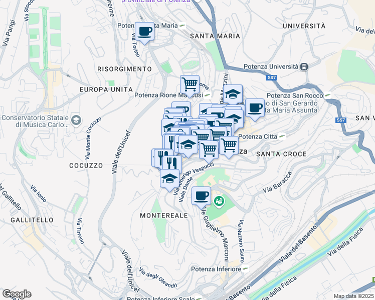 map of restaurants, bars, coffee shops, grocery stores, and more near 76 Via Pretoria in Potenza
