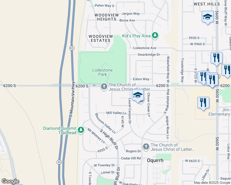 map of restaurants, bars, coffee shops, grocery stores, and more near 6189 West Deer Springs Lane in Salt Lake City