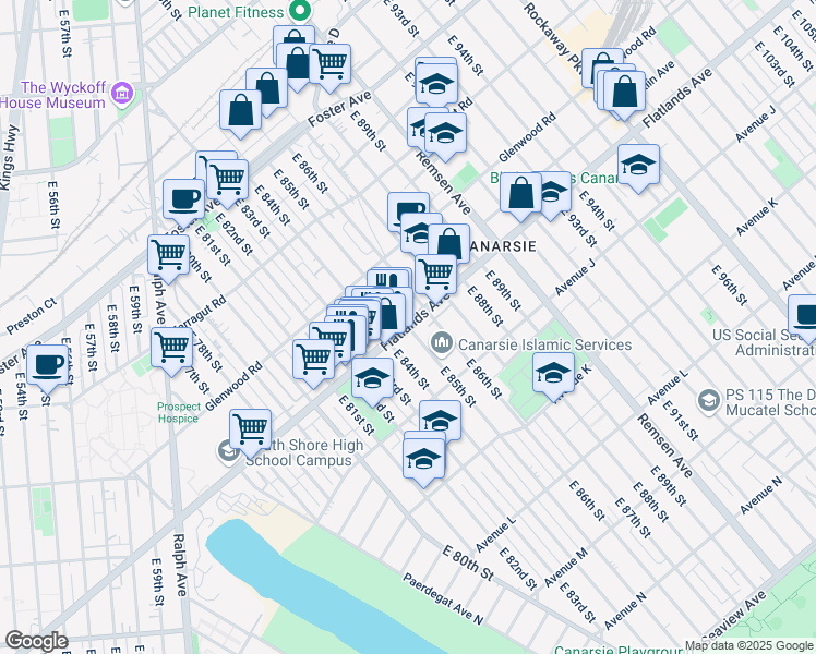 map of restaurants, bars, coffee shops, grocery stores, and more near Flatlands Ave & E 85th St in Brooklyn