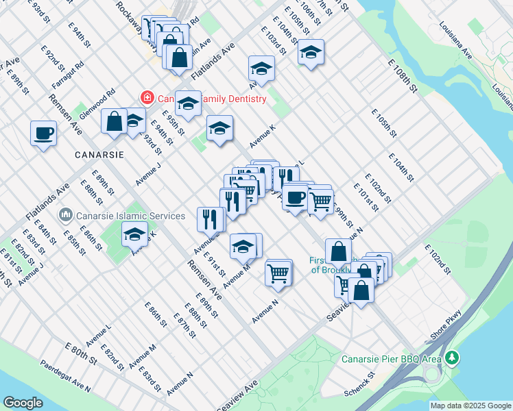 map of restaurants, bars, coffee shops, grocery stores, and more near 9528 Avenue L in Brooklyn