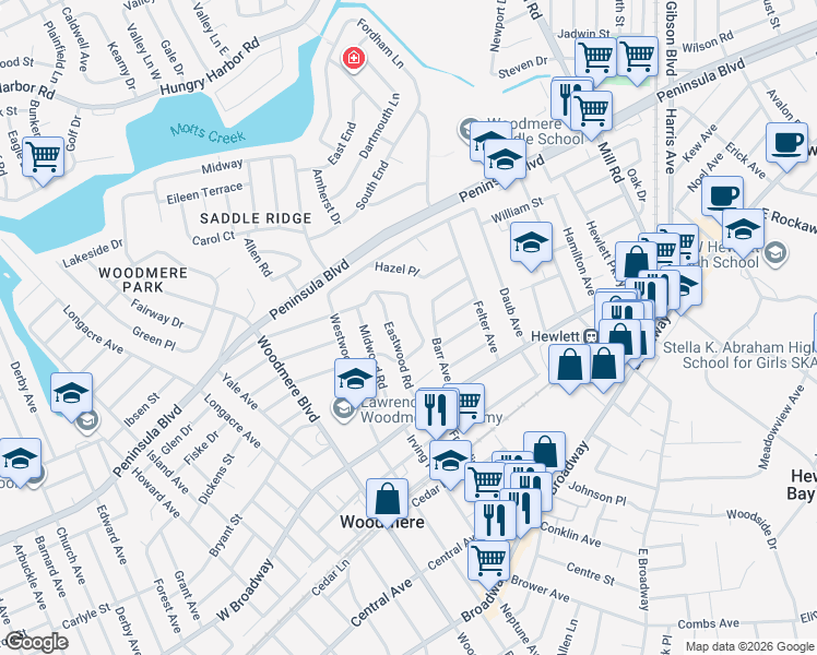 map of restaurants, bars, coffee shops, grocery stores, and more near 373 Northfield Road in Woodmere