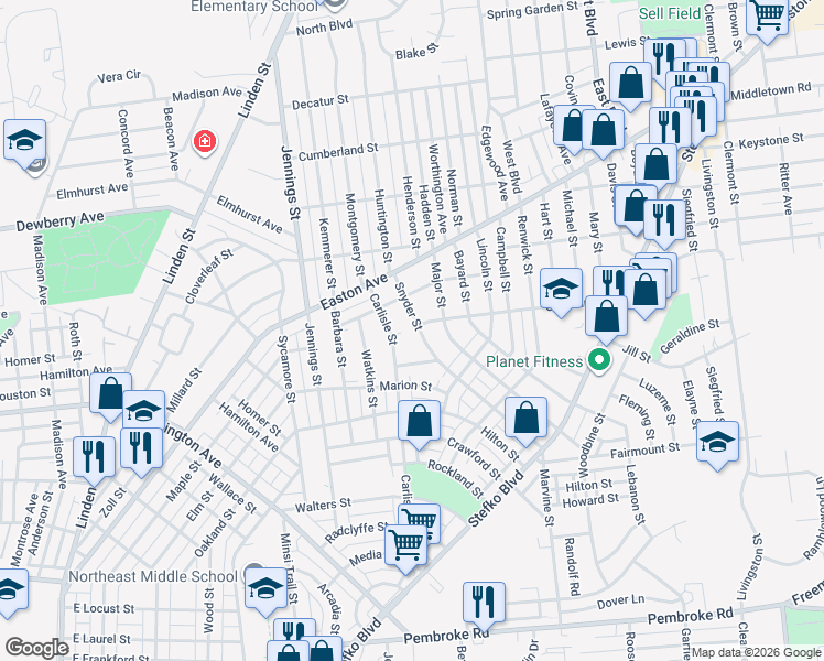 map of restaurants, bars, coffee shops, grocery stores, and more near 1843 Snyder Street in Bethlehem
