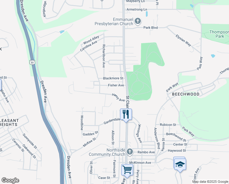 map of restaurants, bars, coffee shops, grocery stores, and more near 555 Henry Avenue in East Liverpool