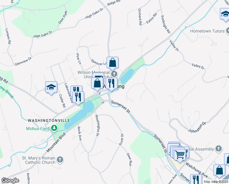 map of restaurants, bars, coffee shops, grocery stores, and more near 20 Stirling Road in Watchung