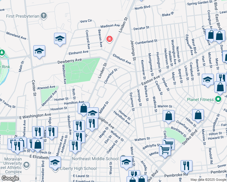 map of restaurants, bars, coffee shops, grocery stores, and more near 1745 Millard Street in Bethlehem