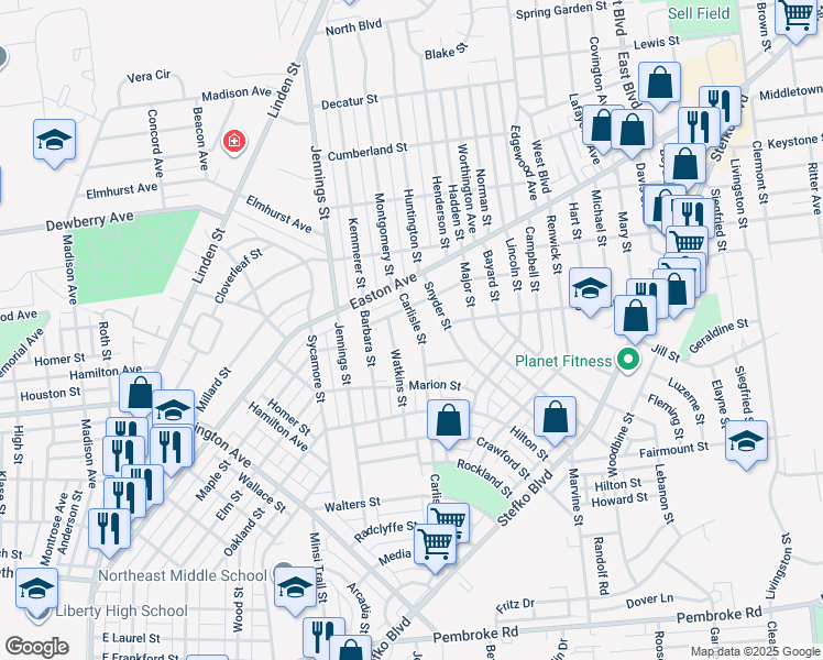 map of restaurants, bars, coffee shops, grocery stores, and more near 1847 Carlisle Street in Bethlehem