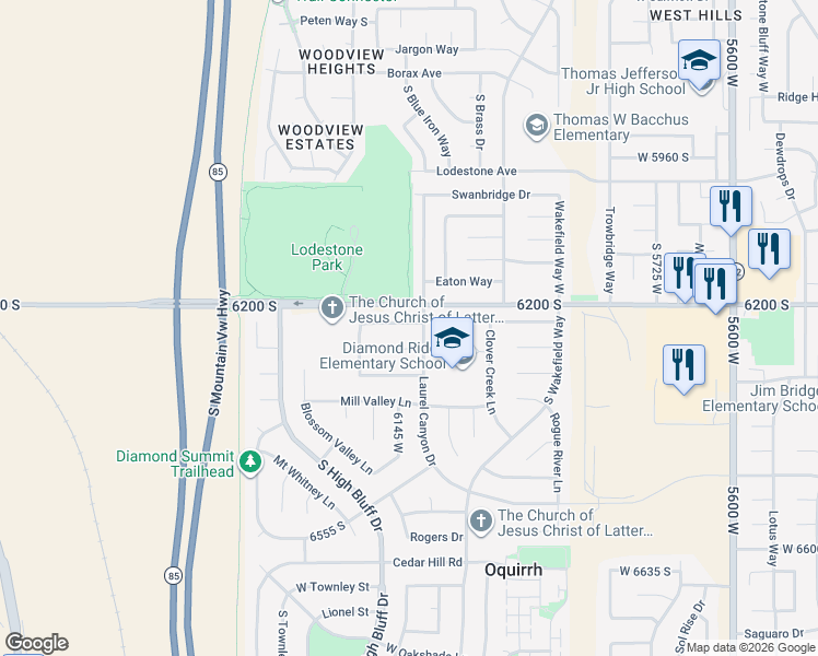 map of restaurants, bars, coffee shops, grocery stores, and more near 6125 West Deer Springs Lane in Salt Lake City