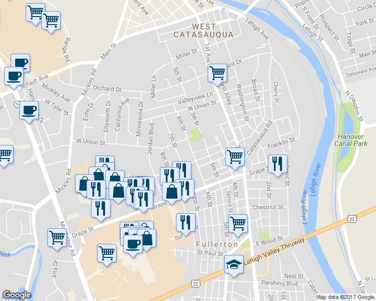 map of restaurants, bars, coffee shops, grocery stores, and more near 1028 6th Street in Fullerton