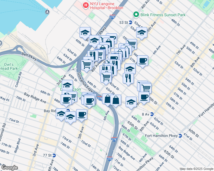 map of restaurants, bars, coffee shops, grocery stores, and more near 6209 5th Avenue in Brooklyn