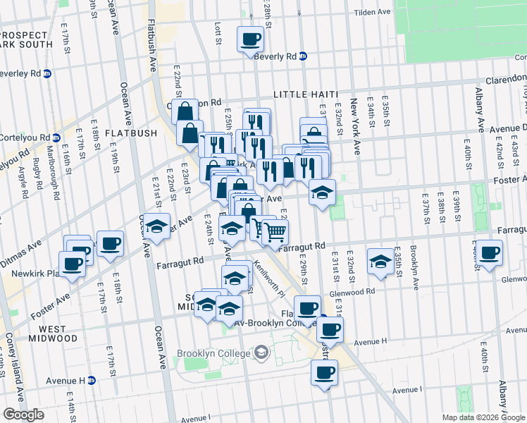 map of restaurants, bars, coffee shops, grocery stores, and more near 1302 Rogers Avenue in Brooklyn