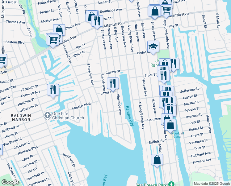 map of restaurants, bars, coffee shops, grocery stores, and more near 206 Westside Avenue in Freeport