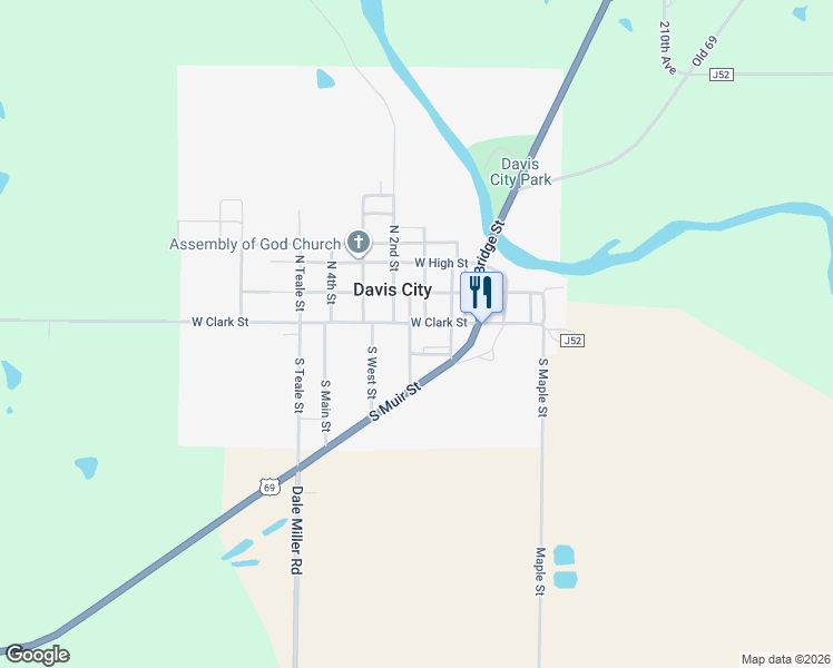 map of restaurants, bars, coffee shops, grocery stores, and more near 204-208 West Clark Street in Davis City