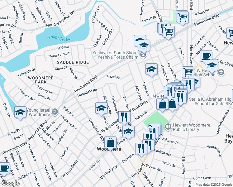 map of restaurants, bars, coffee shops, grocery stores, and more near 373 Northfield Road in Woodmere
