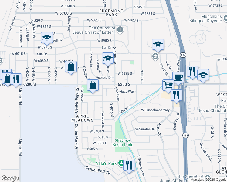 map of restaurants, bars, coffee shops, grocery stores, and more near 6241 Maestro Lane in West Jordan