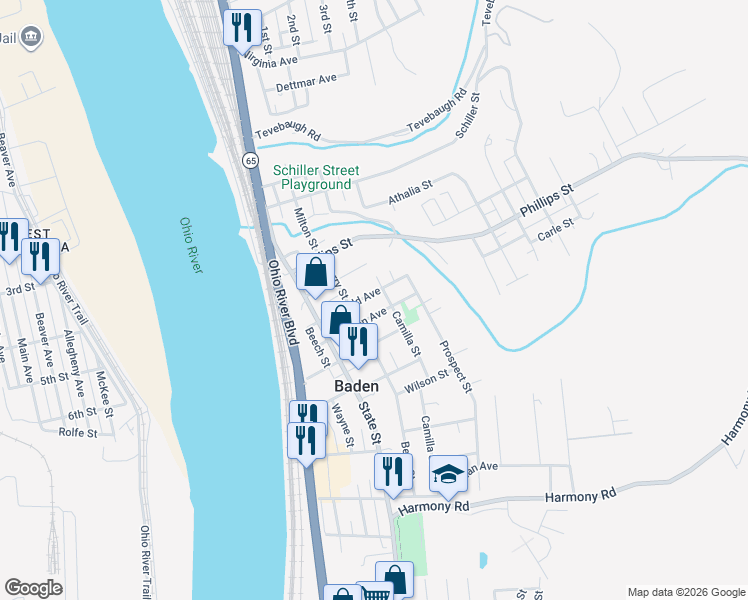 map of restaurants, bars, coffee shops, grocery stores, and more near 530 Dippold Avenue in Baden