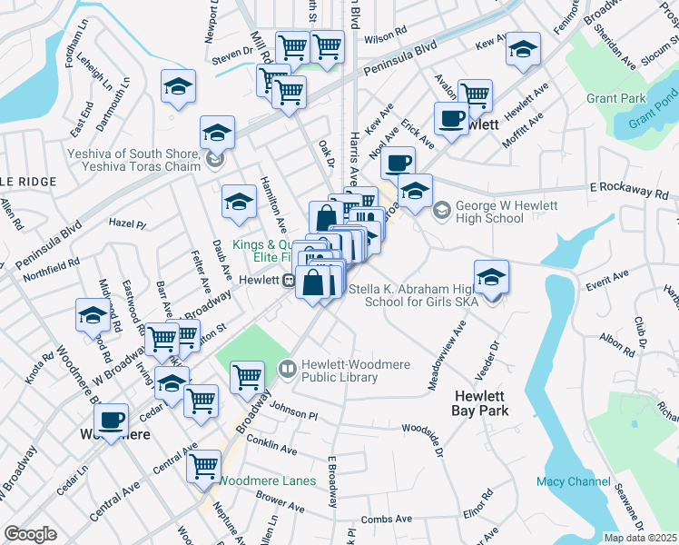 map of restaurants, bars, coffee shops, grocery stores, and more near 1250 Broadway in Hewlett