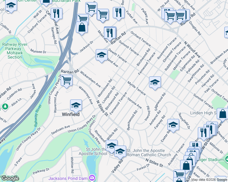 map of restaurants, bars, coffee shops, grocery stores, and more near 2500 Verona Avenue in Linden