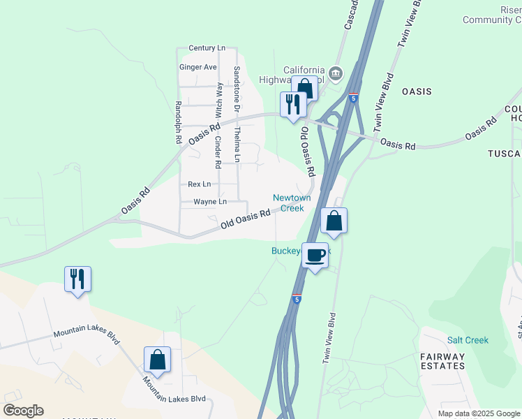map of restaurants, bars, coffee shops, grocery stores, and more near 18618 Old Oasis Road in Redding