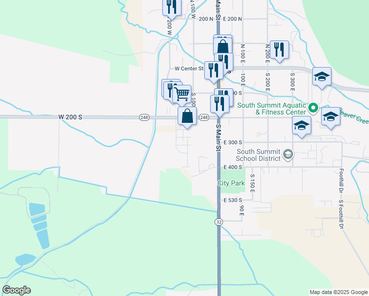 map of restaurants, bars, coffee shops, grocery stores, and more near 342 South 125 West in Kamas