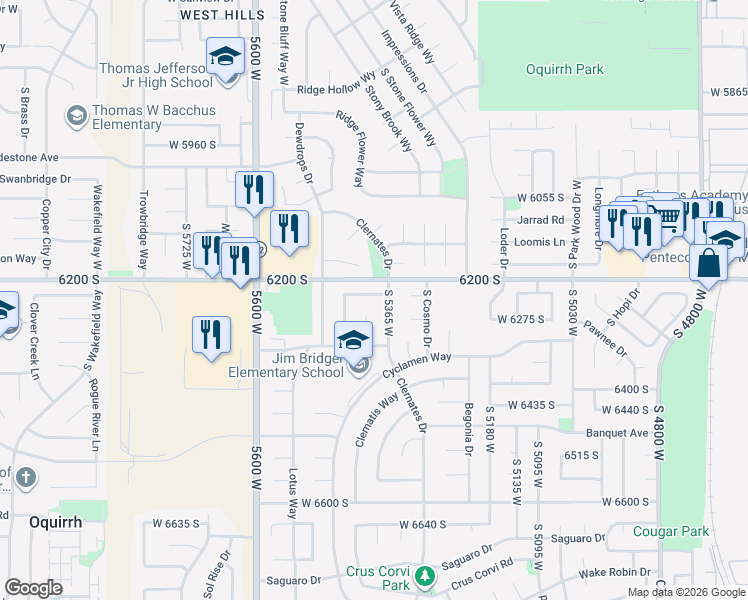 map of restaurants, bars, coffee shops, grocery stores, and more near 5387 North Lilac Avenue South in West Jordan