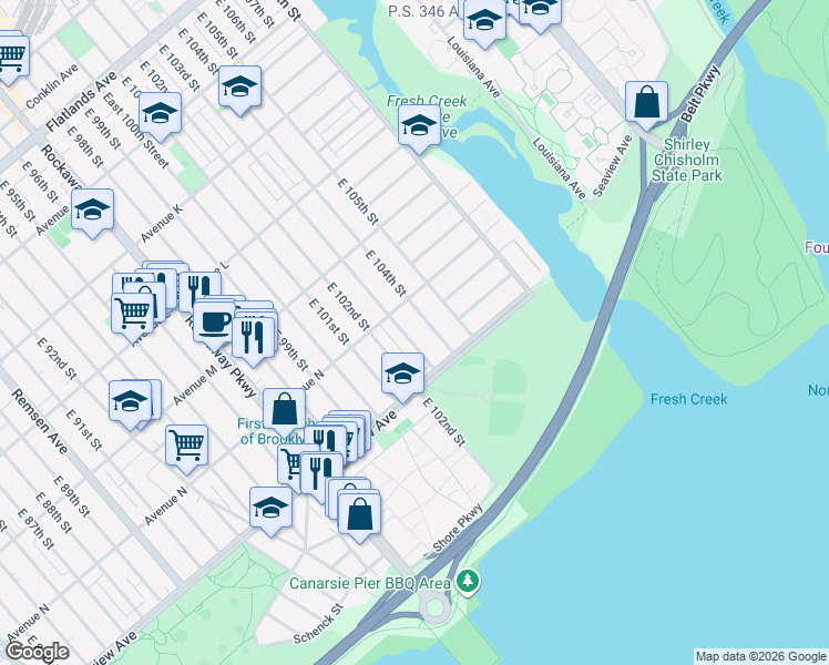 map of restaurants, bars, coffee shops, grocery stores, and more near 1444 East 104th Street in Brooklyn