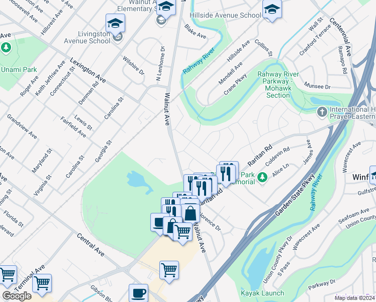 map of restaurants, bars, coffee shops, grocery stores, and more near 1 Macarthur Street in Cranford