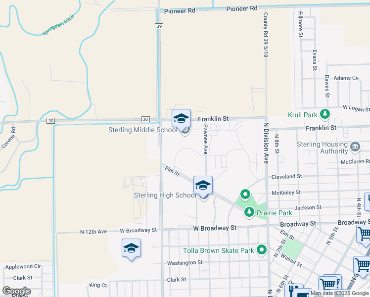 map of restaurants, bars, coffee shops, grocery stores, and more near 1177 Pawnee Avenue in Sterling