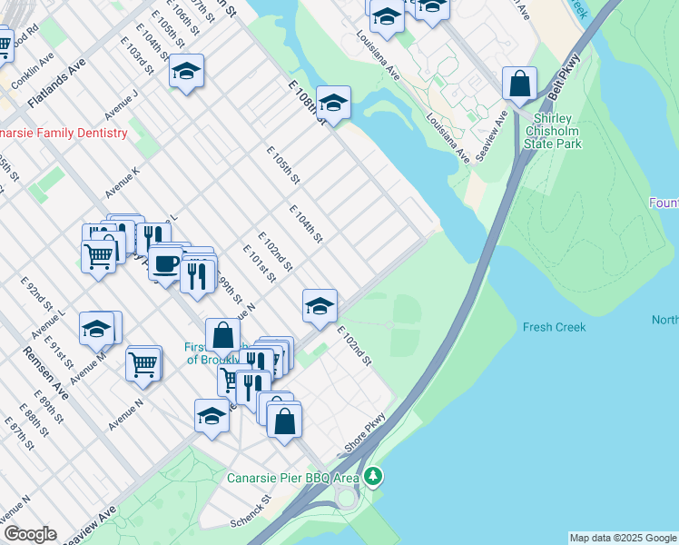 map of restaurants, bars, coffee shops, grocery stores, and more near 1444 East 104th Street in Brooklyn