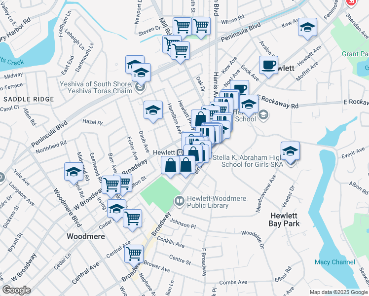 map of restaurants, bars, coffee shops, grocery stores, and more near 212 Franklin Avenue in Hewlett