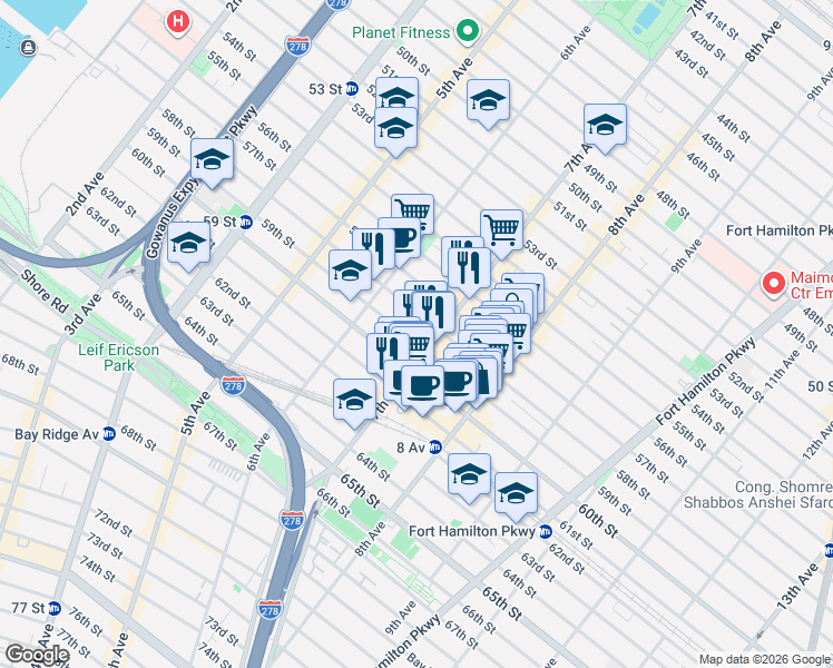 map of restaurants, bars, coffee shops, grocery stores, and more near 663 59th Street in Brooklyn
