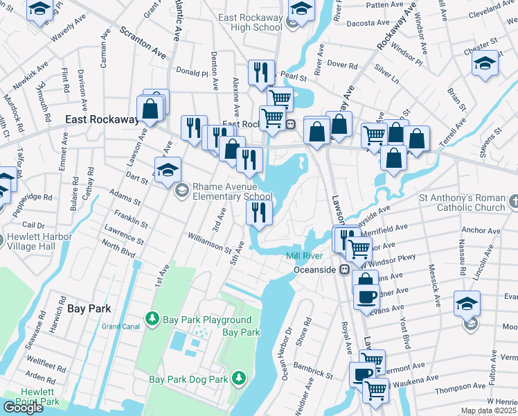 map of restaurants, bars, coffee shops, grocery stores, and more near 47 Front Street in East Rockaway