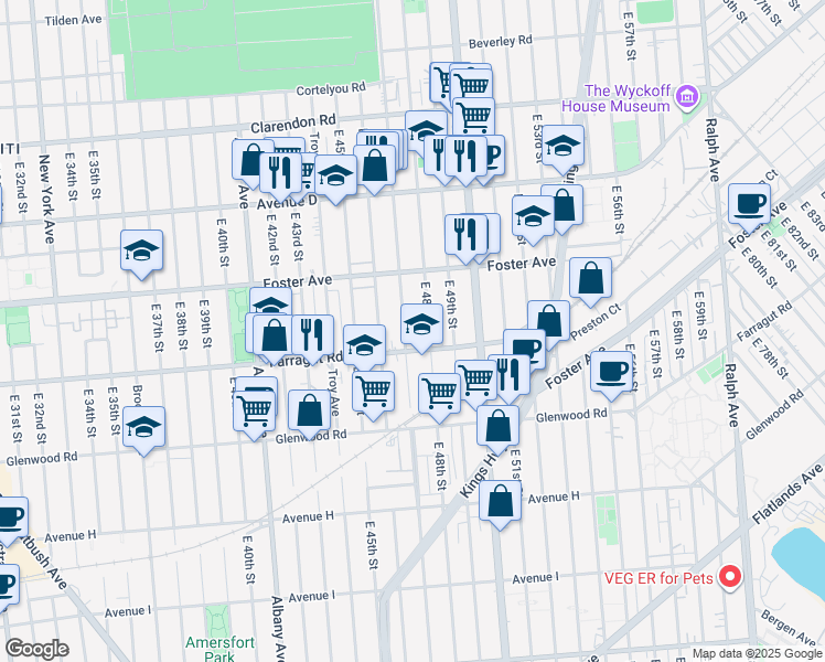 map of restaurants, bars, coffee shops, grocery stores, and more near 1422 Schenectady Avenue in Brooklyn
