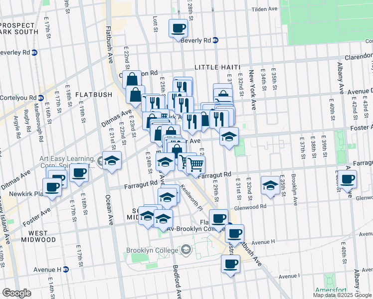 map of restaurants, bars, coffee shops, grocery stores, and more near 1302 Rogers Avenue in Brooklyn