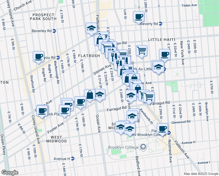 map of restaurants, bars, coffee shops, grocery stores, and more near 490 East 23rd Street in Brooklyn