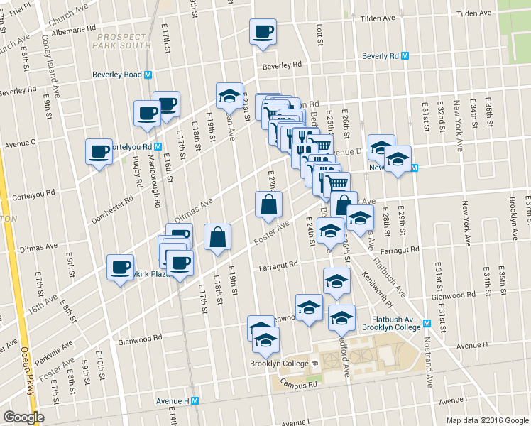 map of restaurants, bars, coffee shops, grocery stores, and more near 651 East 21st Street in Brooklyn