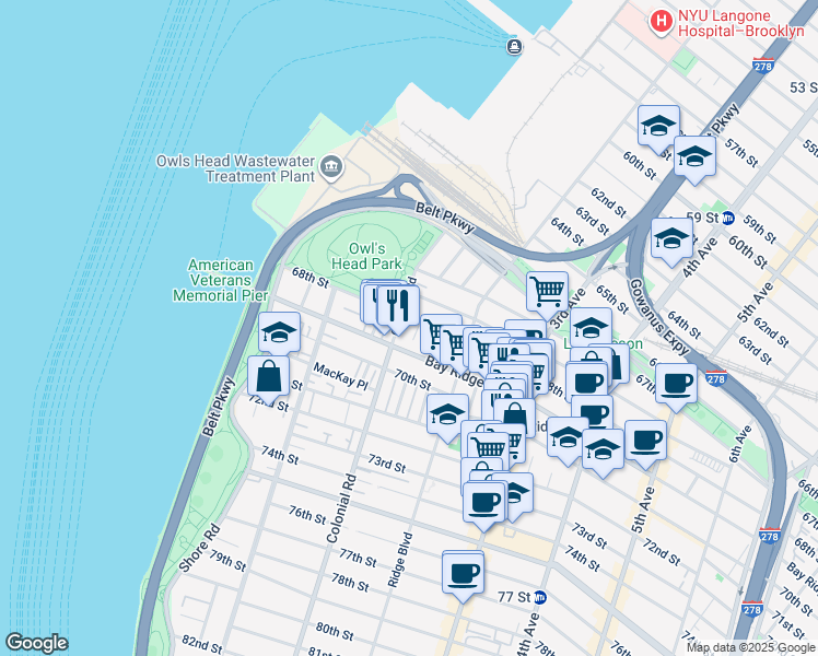 map of restaurants, bars, coffee shops, grocery stores, and more near 6801 Colonial Road in Brooklyn