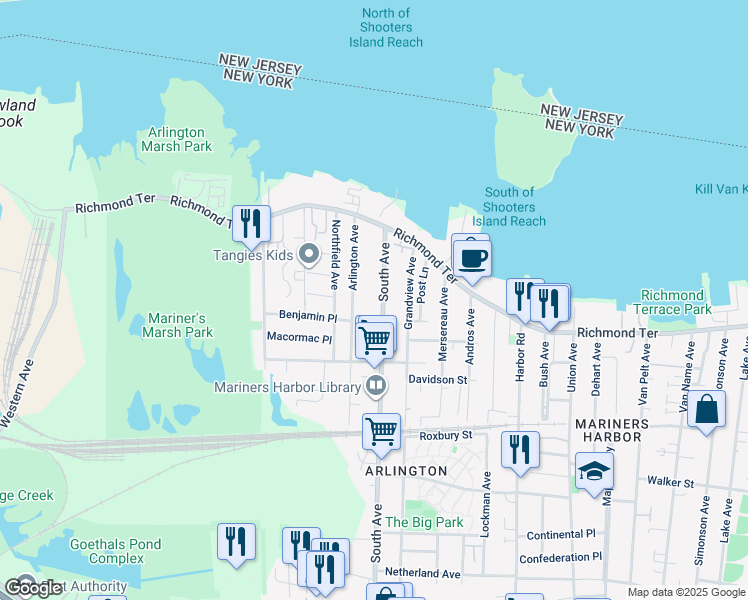 map of restaurants, bars, coffee shops, grocery stores, and more near 85 South Avenue in Staten Island