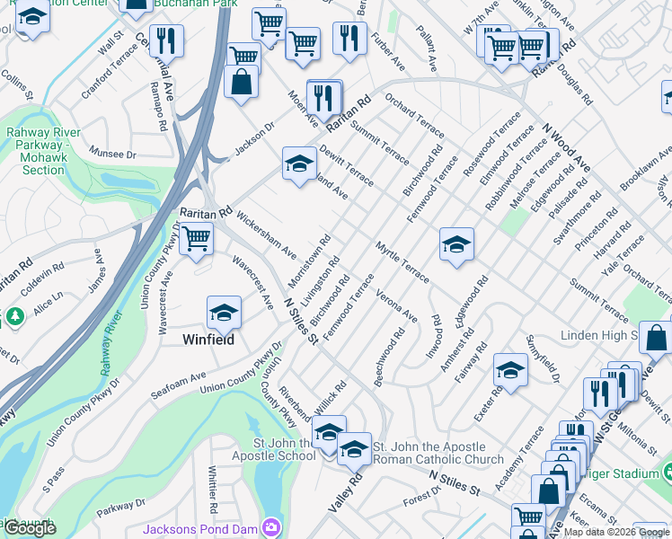 map of restaurants, bars, coffee shops, grocery stores, and more near 2500 Verona Avenue in Linden