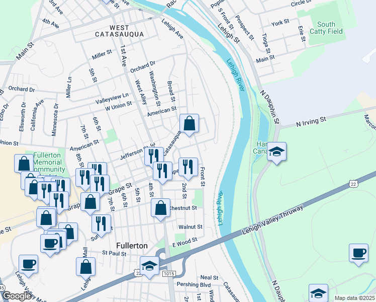 map of restaurants, bars, coffee shops, grocery stores, and more near 116 Franklin Street in Fullerton