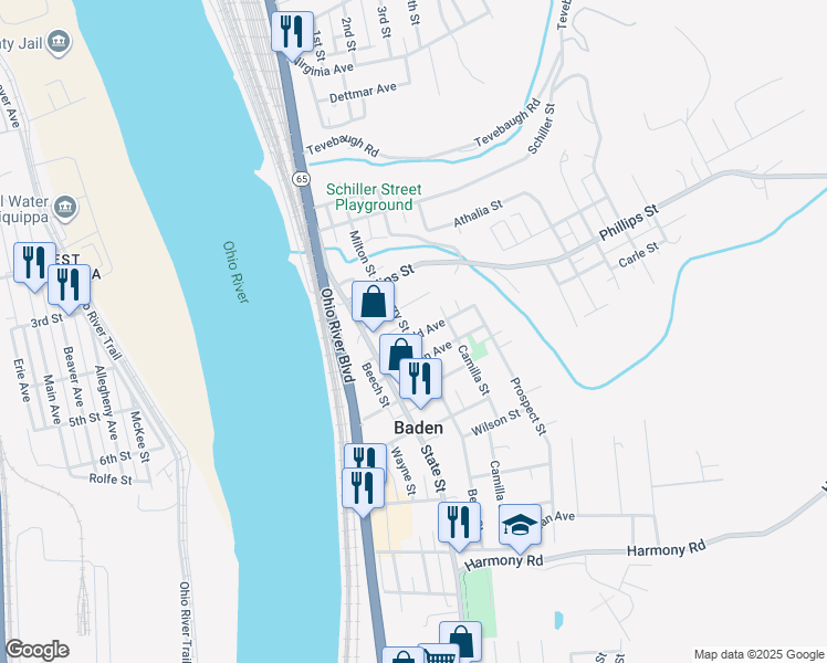 map of restaurants, bars, coffee shops, grocery stores, and more near 426 Bryan Avenue in Baden
