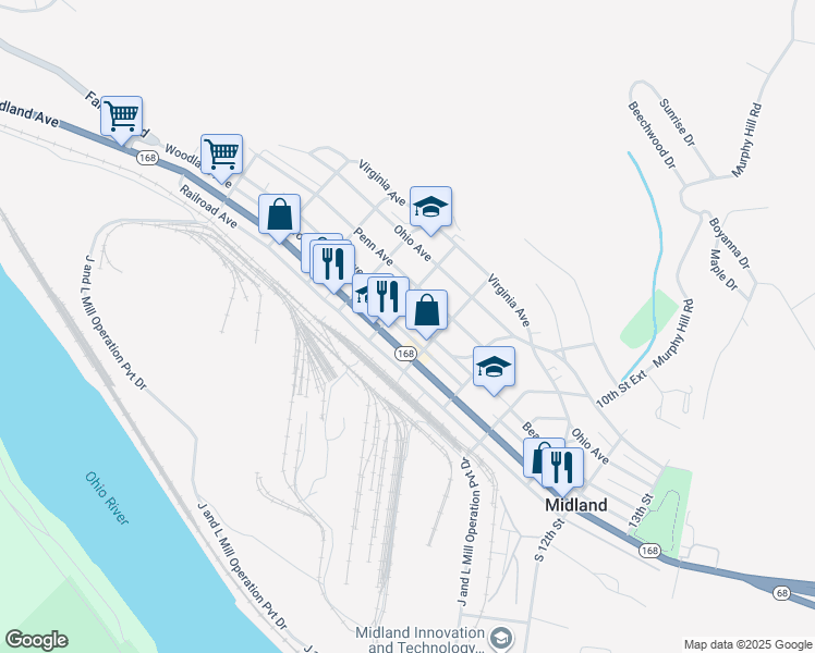map of restaurants, bars, coffee shops, grocery stores, and more near 741 Beaver Avenue in Midland
