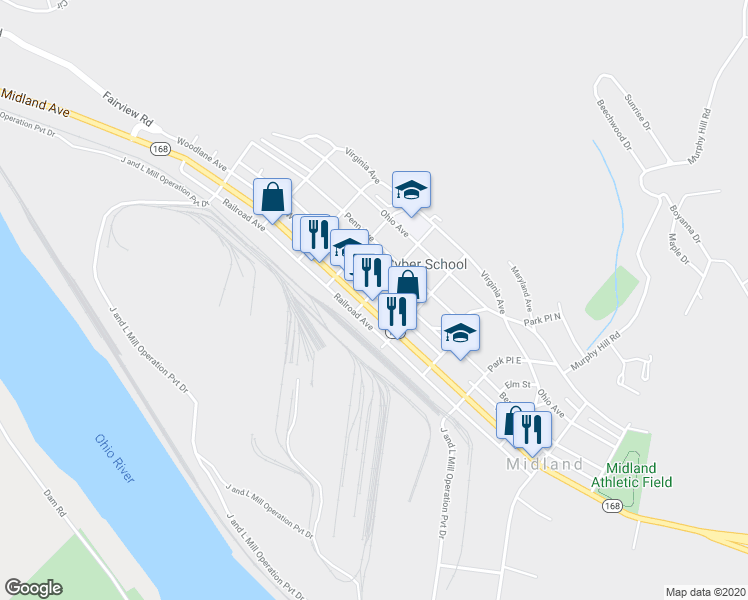 map of restaurants, bars, coffee shops, grocery stores, and more near 9 7th Street in Midland