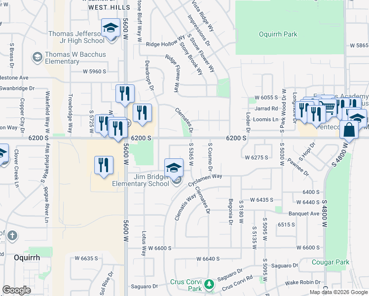 map of restaurants, bars, coffee shops, grocery stores, and more near 5387 North Lilac Avenue South in West Jordan