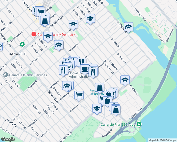 map of restaurants, bars, coffee shops, grocery stores, and more near 1436 East 98th Street in Brooklyn