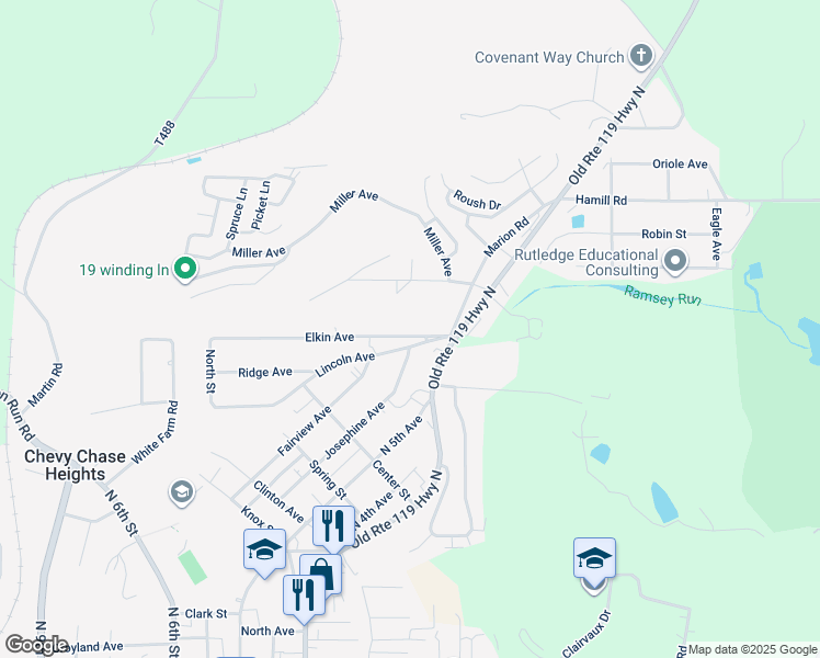 map of restaurants, bars, coffee shops, grocery stores, and more near 65 Elkin Avenue in Indiana