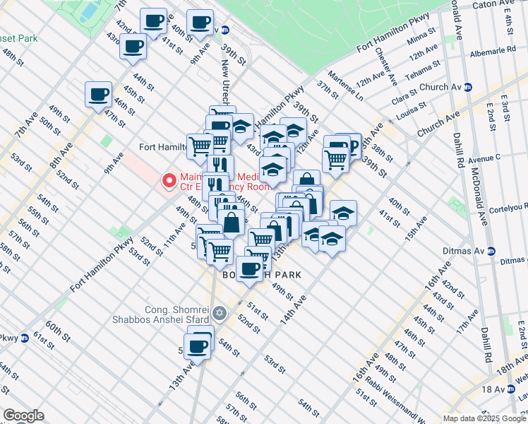 map of restaurants, bars, coffee shops, grocery stores, and more near 1213 46th Street in Brooklyn