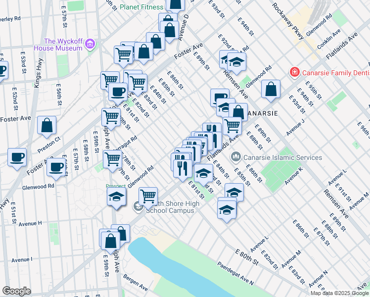 map of restaurants, bars, coffee shops, grocery stores, and more near 716 East 83rd Street in Brooklyn