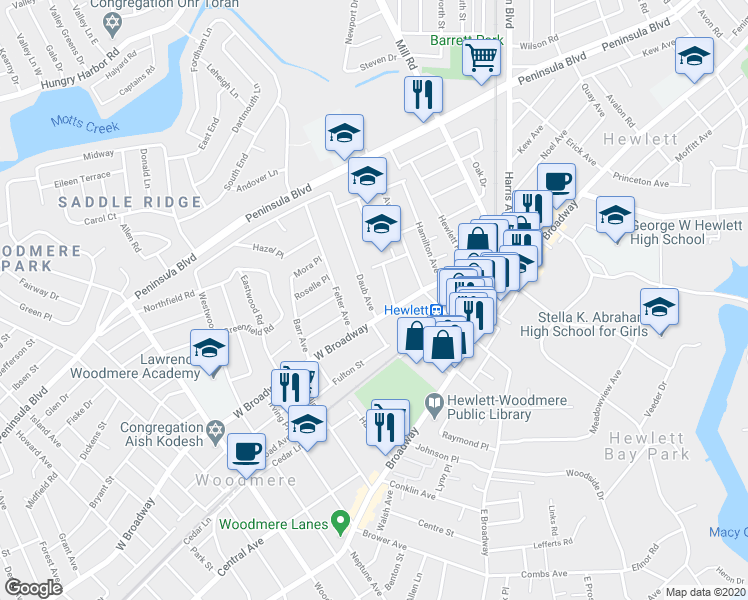 map of restaurants, bars, coffee shops, grocery stores, and more near 312 Daub Avenue in Hewlett