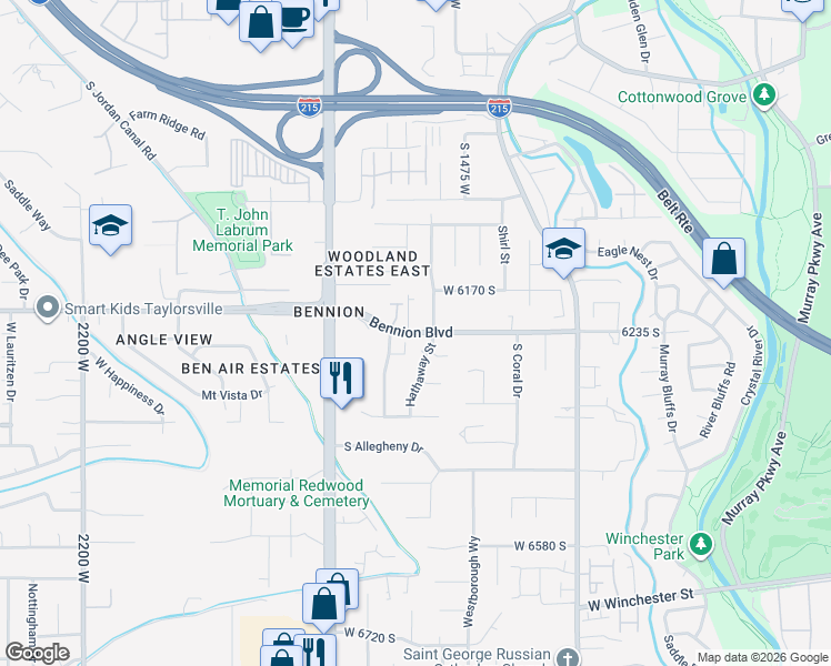 map of restaurants, bars, coffee shops, grocery stores, and more near 1629 Bennion Boulevard in Taylorsville